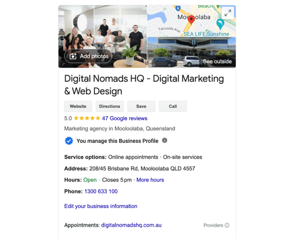 Screenshot of Digital Nomads HQ complete Google business profile