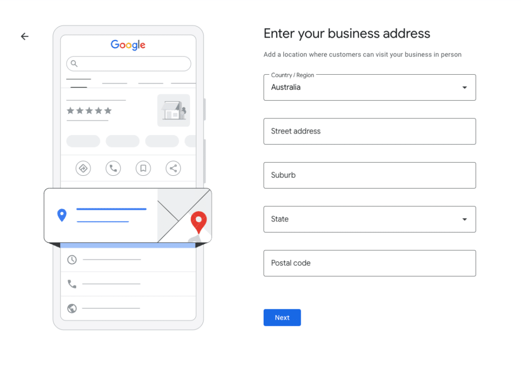 screenshot of google business profile address setup
